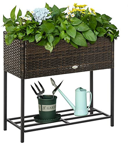 Outsunny Soporte para Jardinera Exterior para Huerto Urbano Mesa de Cultivo Jardinera Rectangular sin Fondo con Estante y Patas para Jardineras Macetas Tiestos 70x30x70 cm Marrón
