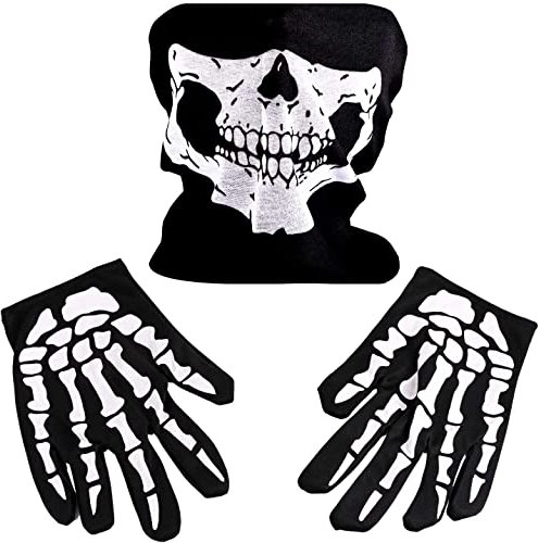 iPobie Weißes Skelett Handschuhe, Skelett Maske Halloween, Schädel Gesichtsmaske und 1 Paar Lange Gloves mit Skeleton Pattern Motorrad Totenkopf Maske für Halloween Fasching Cosplay Kostüm Karneval