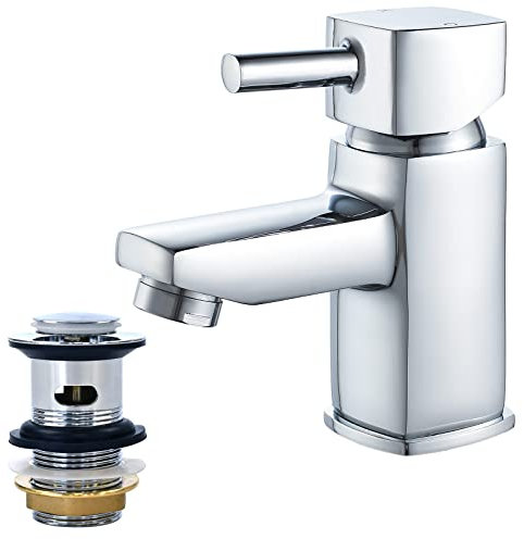 NewEast Basin Taps with pop up Waste,Mono Square Single Lever Chrome Bathroom Sink Mixer Tap for Washroom&Cloakroom