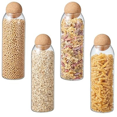 ORNAMI Clear Glass Kitchen Storage Jar with Cork Ball | Mason Food Canister Jar with Spherical Cork Lid | BPA-Free Pantry Organiser (Set of 4, 1.5L)