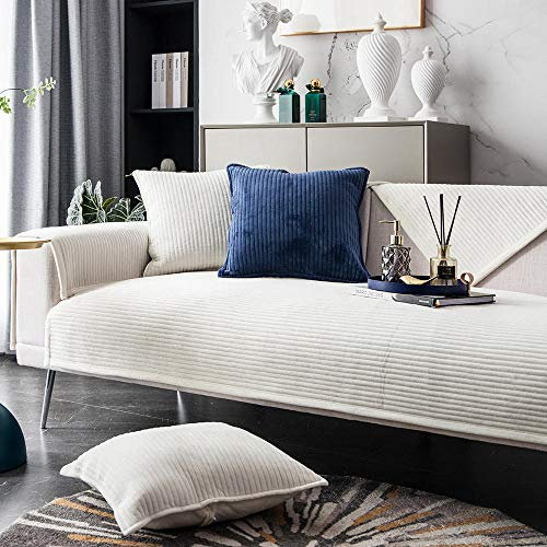 Suuki Couch-abdeckungen,Sofa Überwurf,couchdecken,Superweiche Samt-Sofabezug,gestreifte Plüsch-Sofabezug,Moderne Sofa-Schutzhülle für Ledercouch,Eck-Sofabezüge-Weiß_70 * 180 cm