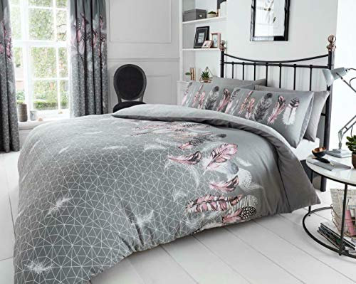 CT Luxuriöses Bettwäsche-Set mit Feder-Muster, Traumfänger, bedruckt, Bettbezug-Set, komplett wendbar, Grau, Doppelbett-Größe