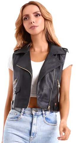 DASHINY Chaleco de cuero de imitación negro para mujer Solapa sin mangas Moto Slim Fit PU Chaleco de motocicleta 046 L