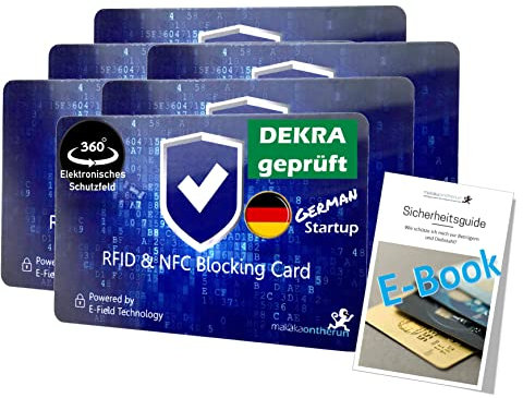 MakakaOnTheRun 6X RFID Blocker Karte (3fach geprüft: DEKRA + EMV + HF Labor) - 360° Schutzkarte für Geldbörse - NFC Blocker Karte - Schutzkarte gegen Datenklau - RFID Blocker Card