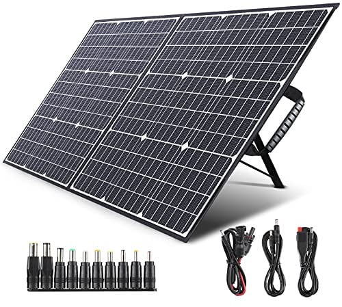 SWAREY 100W Foldable Solar Panel, Monocrystalline Solar Charger with PD 60W Type-C, MC-4 Anderson DC5521 Adapters,10-in-1 DC Connectors for Power Station, Laptop, Phone, Tablet