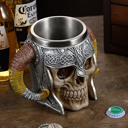 Meyas Chope à bière Viking en forme de tête de mort - Chope à bière en acier inoxydable à double poignée - Cadeau médiéval - Squelette - Tasse à boire pour bière, café, boisson, jus, décoration de bar