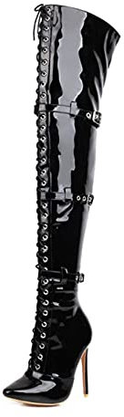 Mujer Botas Altas De Muslo Sexy Por Encima De La Rodilla Con Cordones Y Hebilla, Cremallera Lateral Para Discoteca, Fiesta, Desfile De Moda, Botas De Escenario,Negro,42EU