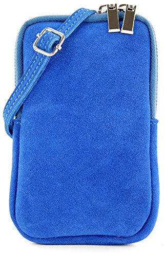 modamoda de T197 Damen Leder Handytasche 6,7 Zoll Umhängetasche handmade in Italy, Farbe:Royalblau/Wildleder