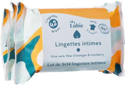 MY LUBIE - 3x14 Lingettes intimes naturelles et apaisantes - Sans parfum, mixtes, douces et jetables dans les toilettes - Pack compacte - Cranberry, Fleur d'Oranger et Aloe Vera - Pack De 3