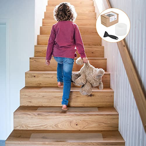 Secopad Klare Treppen-Tritte rutschfest für Holzstufen, Anti-Rutsch-Treppen-Tritte für Haustiere Kinder und Ältere, 15 Stück 60 * 10cm Anti-Rutsch-Band für Treppen-Dusche-Slip-beständige Streifen