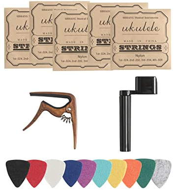 Donux Nylon Ukulele Strings Kit,Include 5 Sets Strings,10 Pieces Ukelele felt picks,Capo and String Winder for Soprano Concert and Tenor Ukele