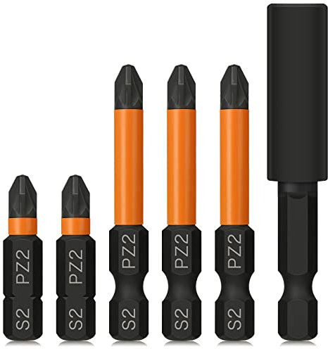 Hakkin 6Pcs PZ2 Impact Screwdriver Bits Set Pozidriv POZI Heavy Duty 1/4” Hex Shank Pozidriv Drive Bit Cross Screw with 1Pcs 60mm Bit Extension Holder