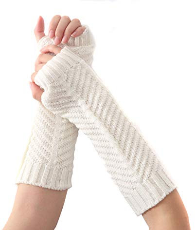 QUUPY Fingerlose Daumenloch-Handschuhe für Damen, gestrickt, warm, gehäkelt, halber Ellenbogen, dehnbar, Armwärmer, Weiß, 30 cm, 1 Paar