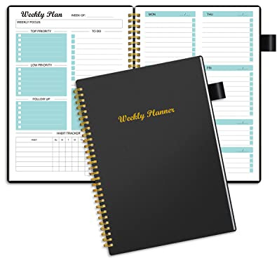 Wochenplaner, undatiert, Wochenplaner, Terminplaner mit Spiralbindung, To-Do-Liste, Notizbuch, Kalender, Organizer, Gewohnheitstracker, Tagebuch für Männer und Frauen, Tasche, Stiftschlaufe, 53 Wochen