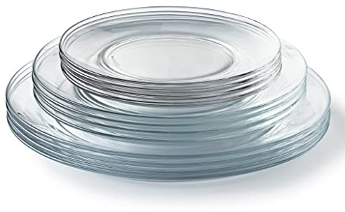 Duralex® Colección Lys ,Plato plano de 23.5 cm, hueco 23 cm, postre de 19 cm de cristal transparente,Juego de 12 piezas, OK microondas y lavavajillas, Made in France