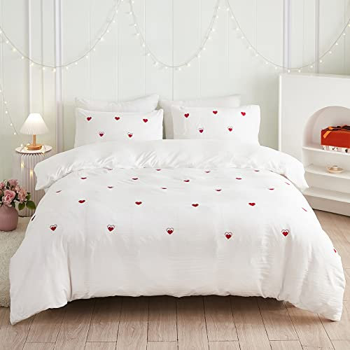 155x200 Bettwäsche 3-Teilig Stickerei Herzen Bettbezug und 2 Kissenbezug 80x80 cm Liebe Heart Love Super Weiche Bettwäsche Sets, Herz