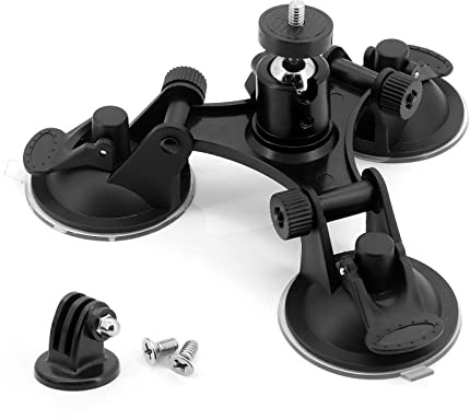 Hensych Triple Suction Cup Mount Holder Stand Camera Triple Suction Cup Mount Bracket Glass Holder Triangle Low angle + 1/4 Tripod Adapter Compatible for most camera with 1/4 screw