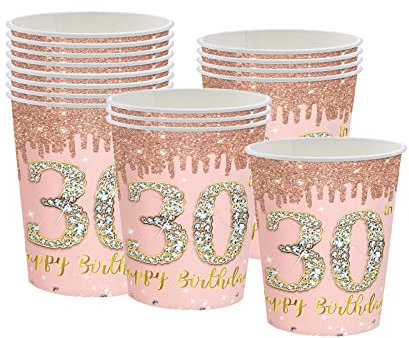 16Pcs 30th Birthday Rose Gold Paper Cups Party Decor,30th Rose Gold Women Birthday Disposable Party Paper Cups,Happy 30th Birthday Tableware Decorations for Her,Women,30th Birthday Gifts Party Supplie