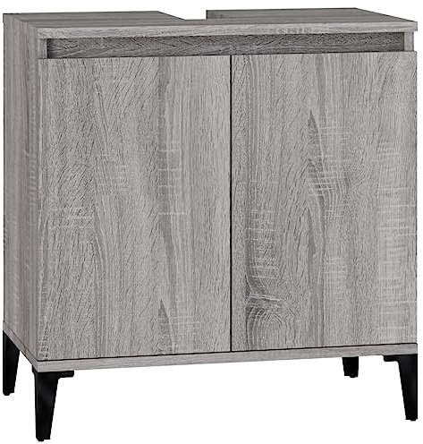 vidaXL Meuble d'Évier, Armoire de Lavabo avec Compartiment et Pieds, Meuble sous Lavabo avec Portes Salle de Bain, Industriel, Sonoma Gris Bois d'Ingénierie