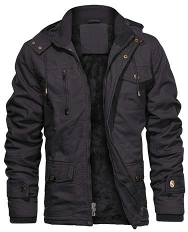 CHEXPEL Dicker Wintermantel für Herren mit pelziger abnehmbarer Kapuze, moderner Militär-Stil, langärmelig, Reißverschluss, Baumwolle, Fleecefutter, 8 Taschen, XL, Grau