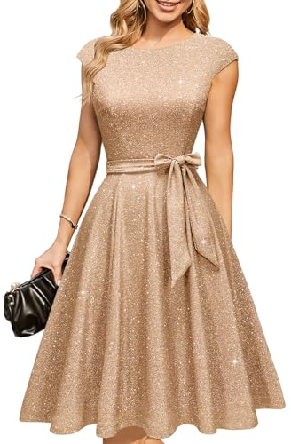 DRESSTELLS Damen Elegant Kleid Cape Ärmel A-Line Swing Cocktail Festlich Midilang Kleid Partykleid Weihnachtskleid
