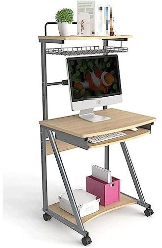 ZUMAHA New 3 Tiers Rolling Computer Desk with Keyboard Tray Narrow Home Office Desk Upper Storage Shelves Study Desk Computer Table