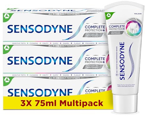 Sensodyne Complete Protection & Advanced Whitening Toothpaste for Sensitive Teeth, Eliminates Bad Breath, 75ml (Pack of 3)