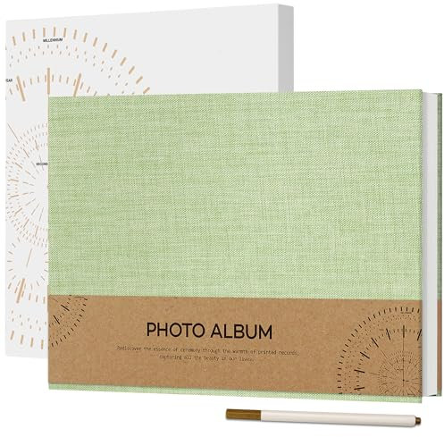 Vienrose Selbstklebend 10x15 Fotoalbum zum Selbstgestalten und Einkleben, Klein Leinen Fotobuch 60 weißen Seiten, Jahrestag Fotoalben mit Einem Kugelschreiber, 21,5x30cm, Grasgrün