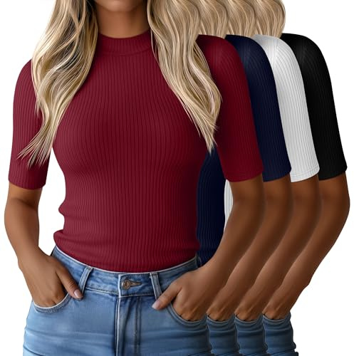 Huukeay 4 Pack Women Short Sleeve Mock Neck Tops Slim Fit Rib Knit Business Casual Tops Turtleneck Basic Work Shirts