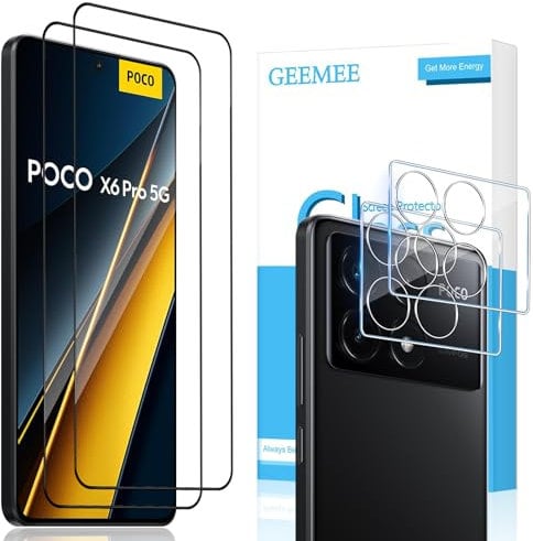 GEEMEE Protector de Pantalla para Xiaomi Poco X6 Pro 5G+Protector de Lente de cámara,【2 + 2 Piezas】 Vidrio Templado 9H Alta Definicion Cristal Templado Glass Screen Protector