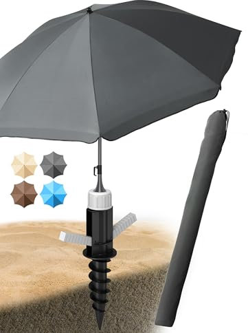Menz Sonnenschirm Strand als Sonnenschutz Strand 3-IN-1 SET - UPF 50+ Strandschirm 180 cm in Anthrazit + stabile Sonnenschirm Bodenhülse + robuste Sonnenschirmhülle