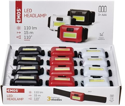 EMOS Mini LED-Stirnlampe 12 Stück Familien-Multipack, ideal für Kinder, 40 St. Leuchtdauer, COB LED Kopflampe mit Helligkeit 110lm, 15m Leuchtweite und 3 Lichtmodi, batteriebetrieben