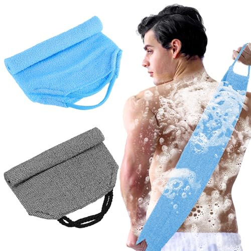 COMNICO 2 Stück Luffa Schwamm Rückenschrubber, Nylon Körperschrubber Peeling Dusche Bad Tiefenreinigung Dehnbarer Koreanischer Waschlappengurt mit Griffen (Blau + Grau)