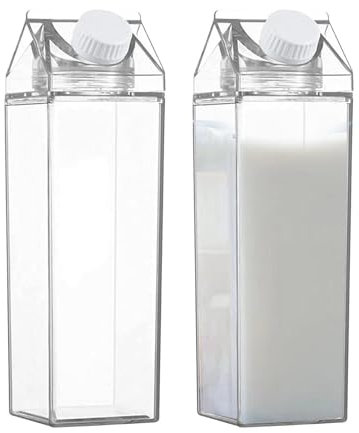 Lot de 2 Bouteilles d'eau Transparentes en Carton de Lait - Bouteille d'eau Transparente - 500 ml/1000 ML - Bouteilles d'eau carrées avec Bouchon à vis pour jus, Lait et Autres Boissons