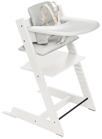 Stokke Tripp Trapp Seggiolone 2 (Bianco), Cuscino 2 (Nordic Grey) + Vassoio Stokke (Bianco) - Include Sedia + Baby Set con Imbracatura Rimovibile, per Bambini 6-36 Mesi
