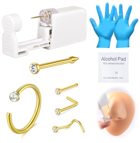 AVYRING 8 Stück Nasenpiercing-Set, Piercing-Pistole mit eingebauten goldenen Nasensteckern, schmerzfreies Selbst-Piercing-Set mit 20G Nasenringen und Steckern