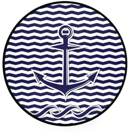 Ksajwzf Runder Teppich, 91 cm, Anker, Chevron, Marineblau, moderner Teppich, rutschfeste Unterseite, weiche Teppich, Kinderspielmatte, Ozeanfisch, für Eingangsbereich, Wohnzimmer, Schlafzimmer,