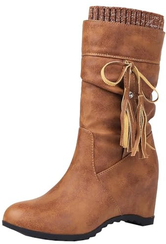 HSyc JRX Donna Zeppa Mezzo Stivali Scarpe con Nascosto Aumento Frange Stivali, marrone, 34 EU