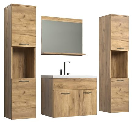 trendteam smart living - Haven - Badmöbel-Set - Eiche - (BxHxT) 142 x 133 x 40 cm - Waschbeckenschrank hängend inklusive Keramik-Einsatzwaschbecken 2 Hochschränke 1 Spiegel