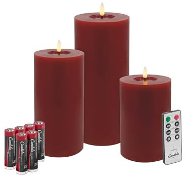 Candela Lights LED Kerzen 3er Set Winter Rot Flammenlos Echtwachs inklusive Fernbedienung & Batterien Dimmbar Flammenfunktion
