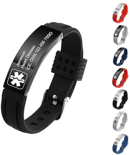MeMeDIY Personalisierte Medizinische Alarm Armbänder für Frauen/Männer Verstellbare Silikon Wasserdichtes Armband/Armbänder aus Edelstahl mit Eingraviertem Medizinische ID Alert Info Style-A2
