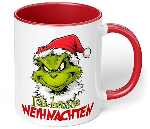 Lustige Kaffeetasse „Ich hasse Weihnachten“ – witzige Grinch Figur Geschenkidee für Weihnachten - lustige Tasse - Keramik, ca. 330ml, Rot