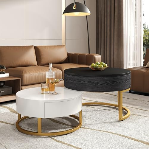 SogesHome Satztische 2 er Set, Runder Couchtisch Beistelltisch Kaffeetisch, Goldener Satztisch, Hochklappbare Couchtischkombination, Beistelltisch mit Zwei Schubladen, 2-teiliges Set