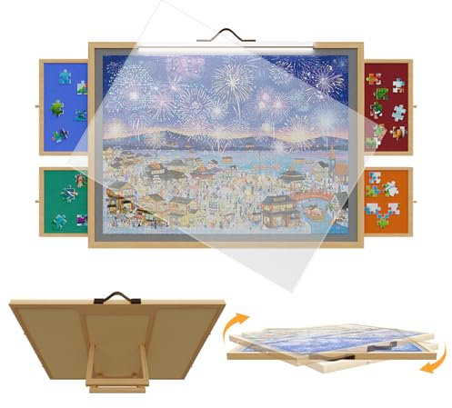 OZMSHF 2-in-1 Tilting & Rotating 1500 Pieces Puzzle Board With LED Light, Adjustable Angle 34.2 x 25.2 Puzzle Board with 4 Drawers & Clear Protective Cover, Birthday Gift for mom&dad