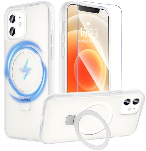Hensinple für iPhone 12 Hülle/iPhone 12 Pro Hülle mit Ständer, Magnetisch Schutzhülle mit Panzer Schutz Glas,Kompatibel mit MagSafe, Durchscheinend Stoßfest Handyhülle Case Cover, Matt klar