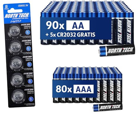 North Tech Ultra Alkaline AA & AAA Batterien – 2800 mAh (AA) & 1200 mAh (AAA) | XXL-Vorratspack (90 AA + 80 AAA + 5 CR2032) | Langlebig, auslaufsicher & umweltfreundlich | 10 Jahre Haltbarkeit
