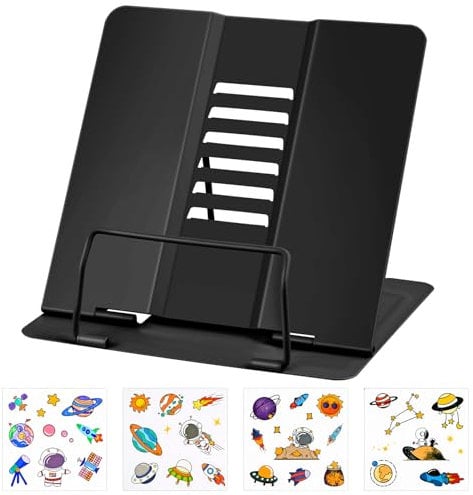 Supporto per Libri Metallo, Leggio Libri Regolabile con 6 Altezze per Leggere, Leggio da Tavolo, Pieghevole Porta Libri di Cucina per Casa Ufficio Scuola Manuale iPad Documenti, Nero