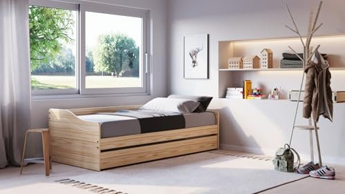 Inter Link- Funktionsbett - Kinderbett - Einzelbett - Sofabett - mit Stauraum - Bettschublade - mit Schublade - inklusive Lattenrost - Kiefer Massivholz - Natur - Leonie 23-90 x 200 cm