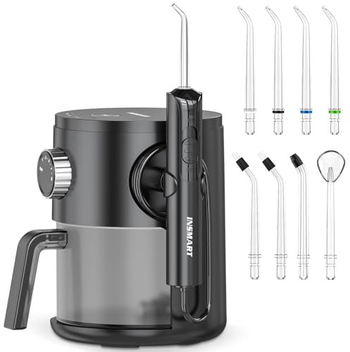 INSMART Hydropulseur professionnel pour dents/gencives/appareils dentaires/dentaires - 10 niveaux de pression, 8 embouts de jet d'eau pour la famille, 600 ml - Irrigateur dentaire électrique pour