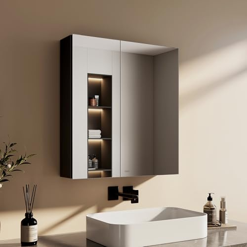 EMKE Spiegelschrank Badschrank 60x65x14.5cm, Innenspiegel, schwarzer | 2-türig Aluminium, höhenverstellbare Glasablage, Badspiegel mit Schrank, Badezimmer